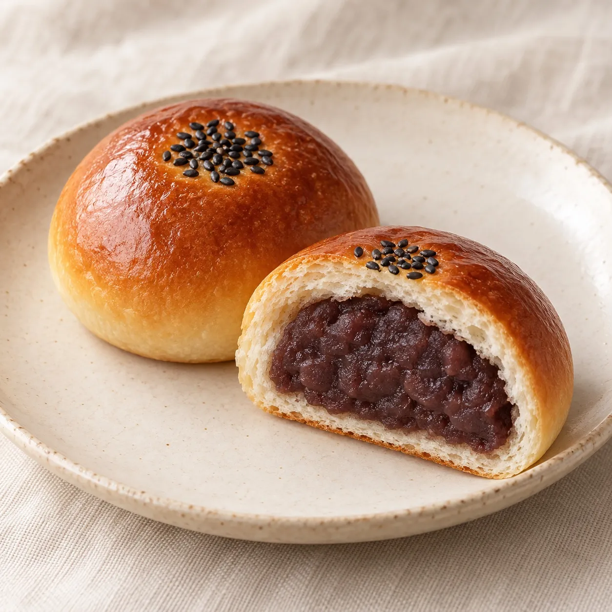 白い器に並んだ、ごまの付いた丸いあんぱん